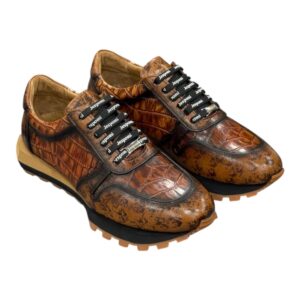 Sneaker cuir imprimé croco couleur bois