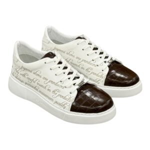 Sneaker en cuir bicolore blanc-Marron avec motifs impimés