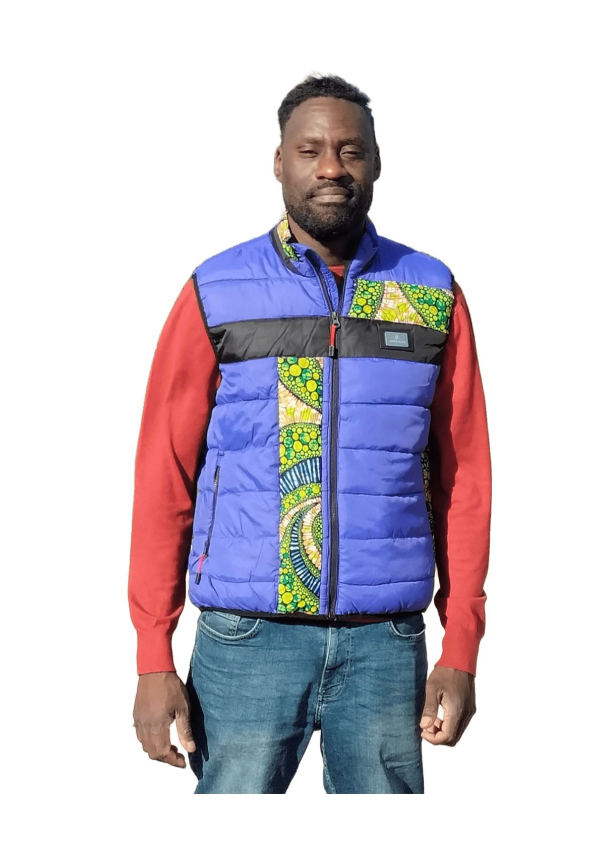 Doudoune bleue électrique customisée avec du wax /bande noire taille L
