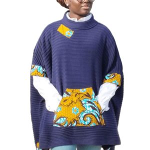 Pull poncho bleu de nuit customisé avec du wax TU